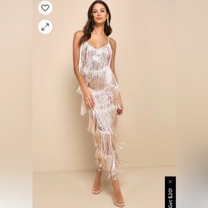 Lulu’s Get in the Groove Champagne Sequin Fringe Bodycon Maxi Dress